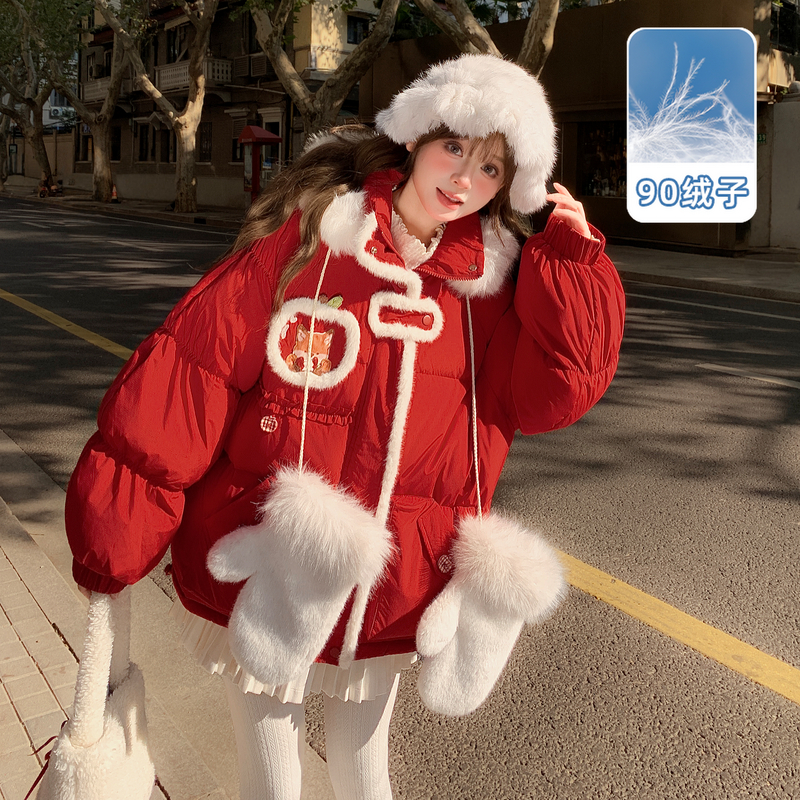 森女部落新年圣诞氛围感90白鸭绒羽绒服女2025新款保暖连帽外套冬