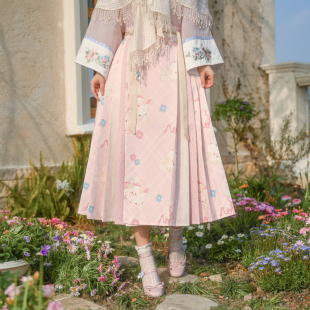 森女部落原创小羊印花粉色马面裙八分甜妹少女汉洋折衷叠穿半身裙