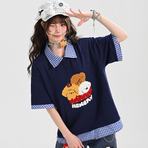 森女部落甜美风格子拼接设计感宽松短袖t恤女2026新款翻领上衣夏