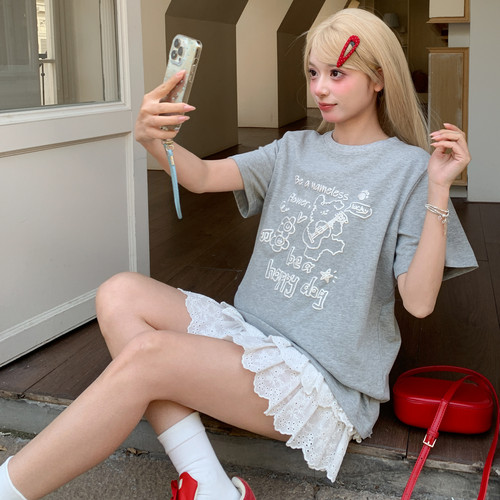 森女部落甜美风卡通印花圆领短袖t恤女2026新款百搭宽松上衣夏季