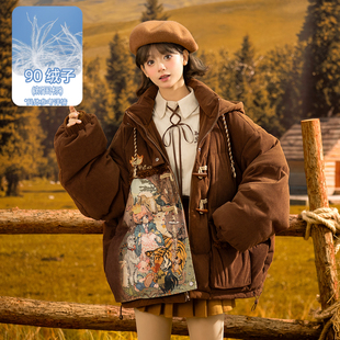 森女部落原创设计美拉德油画系列复古灯芯绒羽绒服秋冬款外套新款