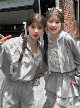 森女部落灰色芭蕾风连帽卫衣女外套秋新款miu系穿搭设计感小众冬