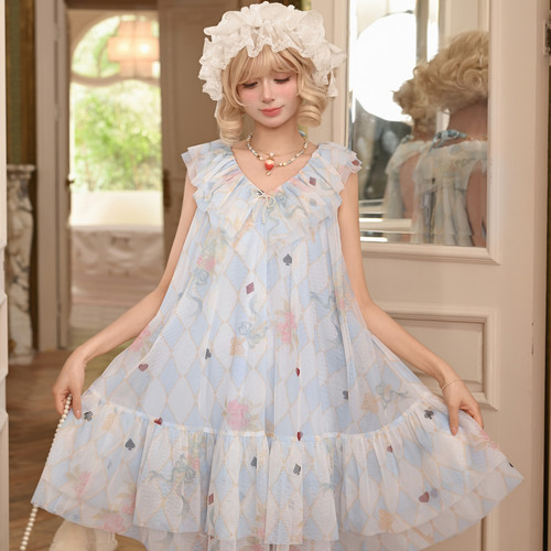 森女部落爱丽丝印花连衣裙无袖V领度假风短裙印花甜美A字裙新款夏