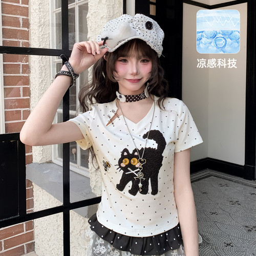 森女部落y2k波点短款短袖T恤女夏白色v领正肩修身显瘦多巴胺上衣