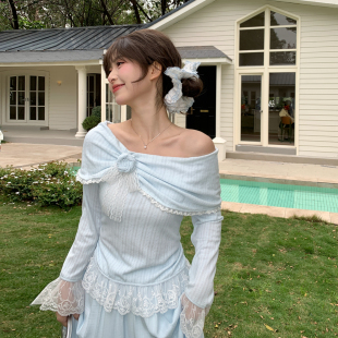 森女部落甜美风露肩长袖 蕾丝拼接设计感百搭上衣春 T恤女2026新款