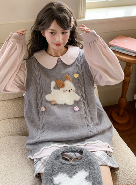 森女部落学院风套头毛衣女2025秋冬小狗刺绣设计感宽松无袖针织衫