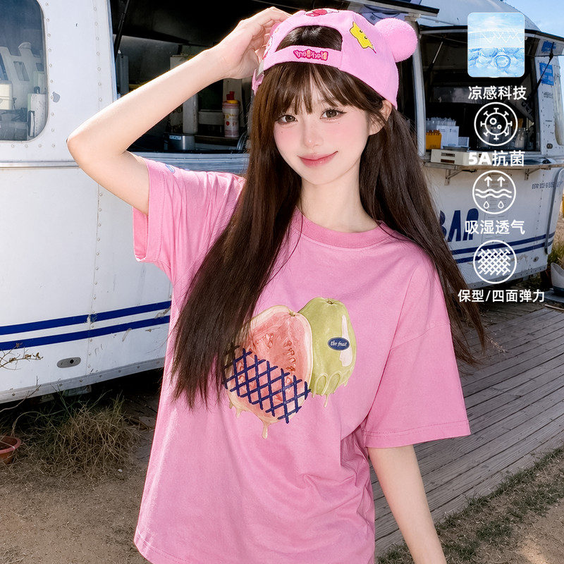 森女部落甜美芭乐印花男女同款宽松短袖t恤女2026新款情侣上衣夏