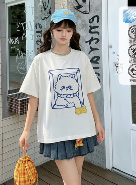 森女部落甜美风白色简约小猫刺绣T恤女2026新款宽松百搭短袖上衣