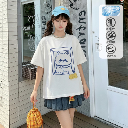 森女部落卡通可爱小猫刺绣白色短袖女T恤夏季新款设计感宽松上衣