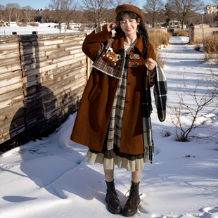 森女部落原创复古美拉德雅丹风棕色中长款 呢子大衣毛呢外套 气质款