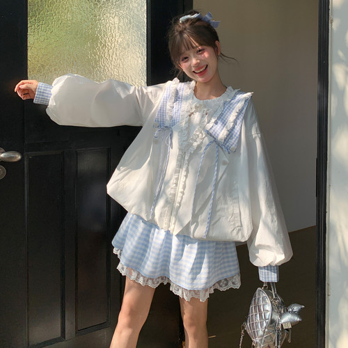 森女部落甜美风格子拼接设计感百搭宽松外套女2026新款日常上衣夏