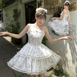 森女部落原创氛围感蓬蓬蛋糕裙甜美度假风碎花短裙蕾丝连衣裙新款