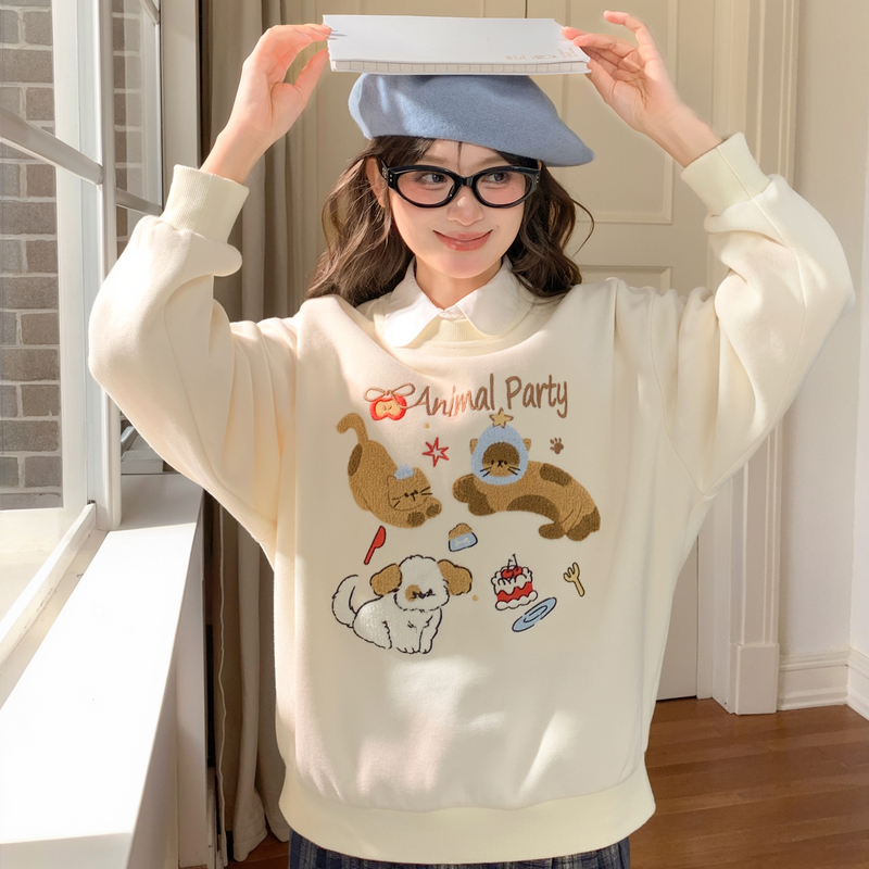 森女部落甜美风萌宠刺绣圆领卫衣女2025新款宽松保暖加绒长袖冬季