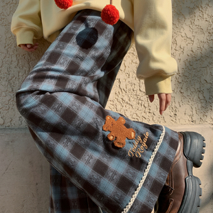 子冬 秋小个子慵懒风直筒裤 森女部落可爱小熊格子阔腿裤 女2025新款