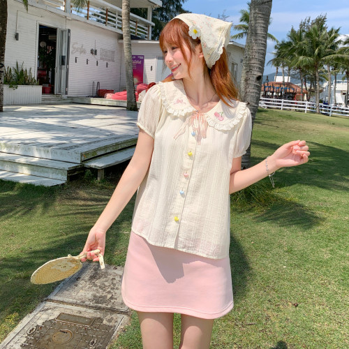 森女部落甜美风娃娃领短袖衬衫女2026新款设计感刺绣宽松上衣夏季