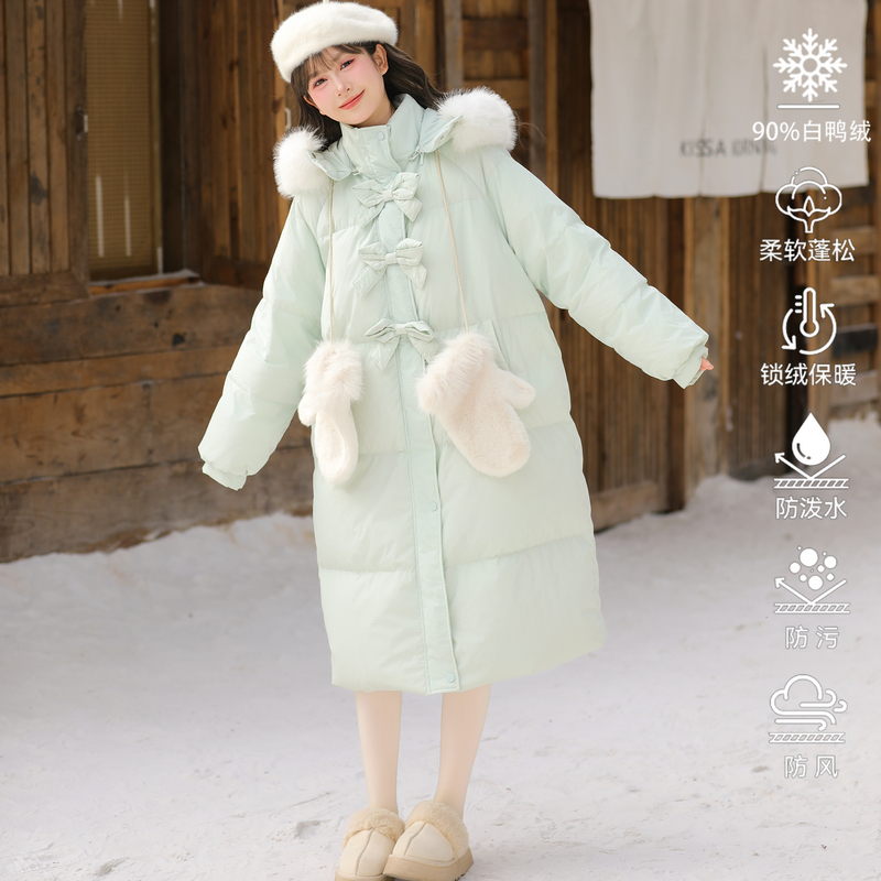 森女部落原创90白鸭绒冰川蓝大毛领中长款羽绒服甜美少女加厚外套