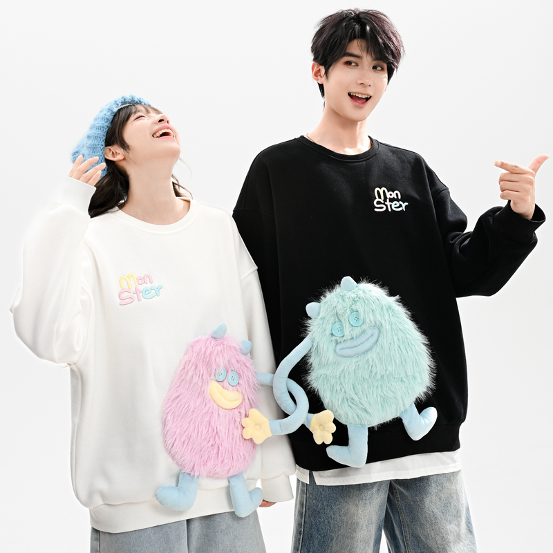 设计感毛绒怪兽圆领宽松加绒卫衣