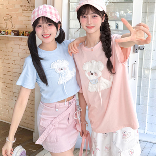 森女部落原创设计感立体潦草小狗萌趣可爱T恤短袖 上衣闺蜜 女夏季