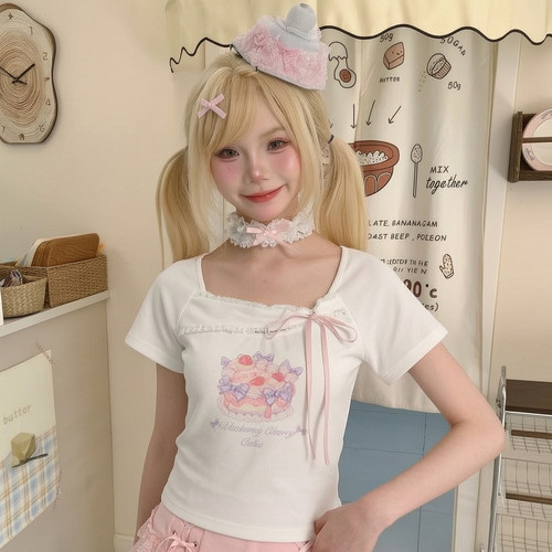 甜美风T恤女森女部落方领蛋糕印花蝴蝶结修身短款减龄短袖上衣
