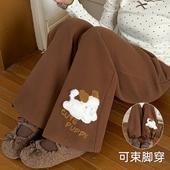 森女部落甜美风猫咪刺绣高腰休闲裤 冬季 女新款 百搭加绒保暖阔腿裤
