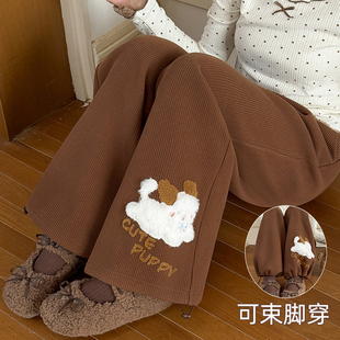 森女部落甜美风猫咪刺绣高腰休闲裤女新款百搭加绒保暖阔腿裤冬季