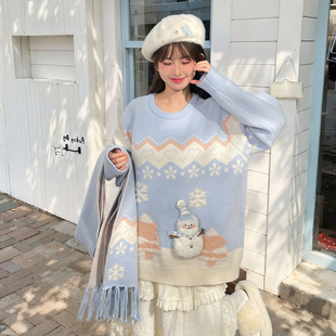 女装 森女部落原创甜美萌趣毛绒小雪人宽松毛衣套头女2025冬季 新款
