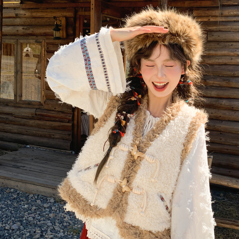 森女部落民族风撞色加绒马甲女2025新款百搭秋冬复古宽松V领上衣