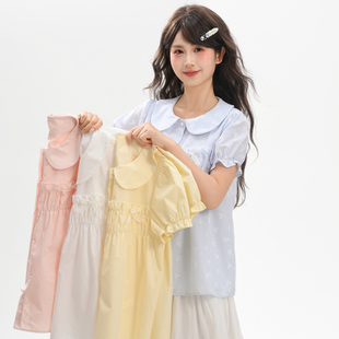 上衣夏季 森女部落甜美风百搭娃娃领纯棉衬衫 短袖 宽松泡泡袖 女新款