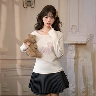 森女部落天使小熊长袖 蕾丝拼接显瘦百搭软妹风纯棉上衣 T恤女新款