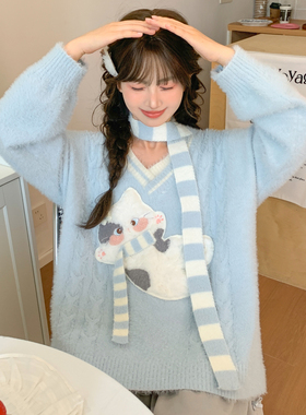 森女部落甜美风蓝色可爱猫咪刺绣V领毛衣女宽松长袖上衣2026新款
