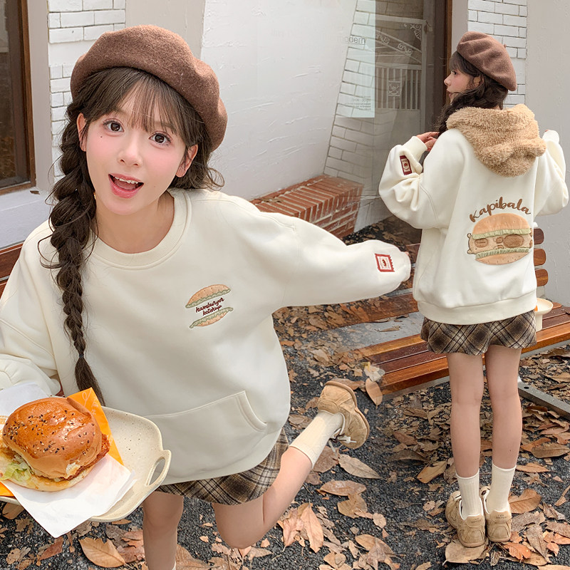 森女部落原创萌趣汉堡贴布刺绣加绒卫衣设计感女圆领新款女装秋款,女装/女士精品,卫衣/绒衫,淘宝优惠券,粉丝福利购,淘宝优惠卷