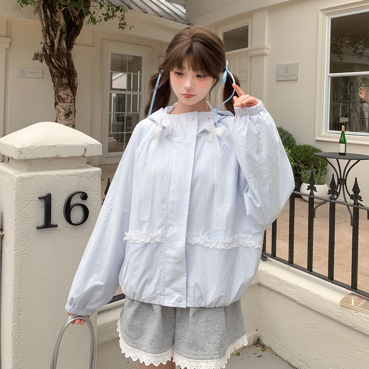 森女部落甜美风蕾丝拼接设计感纯棉百搭连帽外套女新款软妹外搭春