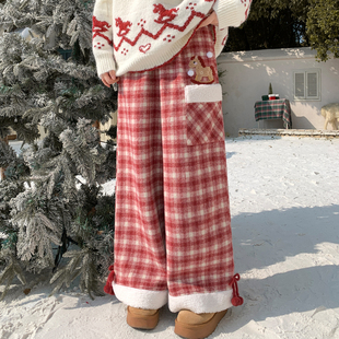 冬季 毛呢格子裤 女2025新款 森女部落甜美风卡通刺绣高腰直筒休闲裤