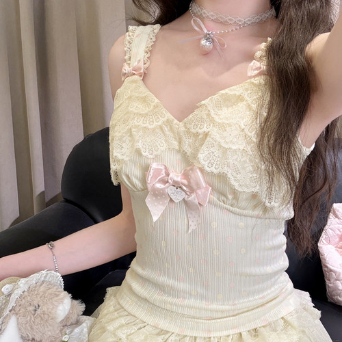 上新限时88折森女部落波点蕾丝蝴蝶结吊带女修身内搭少女小背心秋