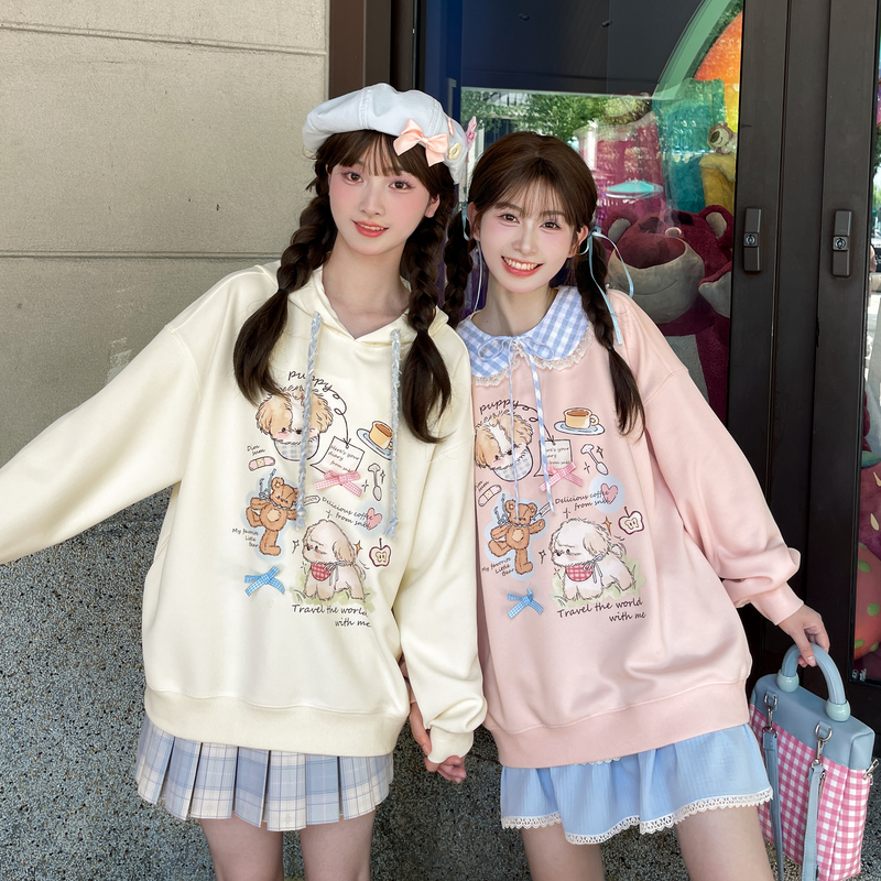 森女部落原创小狗印花闺蜜春季新款女闺蜜装可爱上衣圆领卫衣女