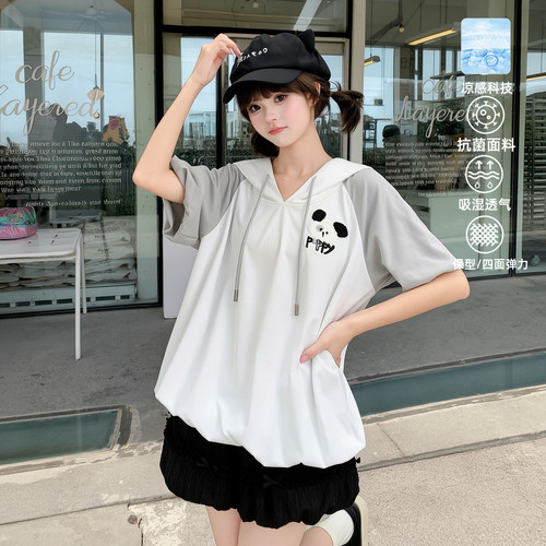 森女部落学院风连帽T恤女2026新款小狗刺绣凉感抗菌宽松短袖上衣