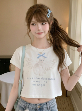森女部落甜美白色圆领短袖T恤女2026新款猫咪印花短款露腰上衣夏