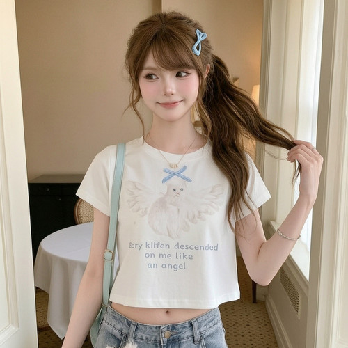 森女部落甜美白色圆领短袖T恤女2026新款猫咪印花短款露腰上衣夏