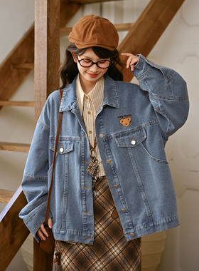 森女部落复古风可爱小熊刺绣牛仔外套女春2026新款秋新款宽松上衣