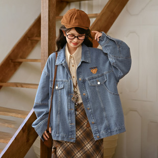 森女部落复古风可爱小熊刺绣牛仔外套女春2026新款 宽松上衣 秋新款