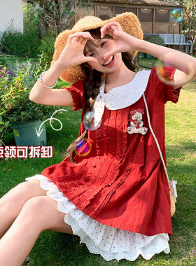 森女部落学院风红色T恤女新款蝴蝶结设计感百搭宽松短袖上衣夏季