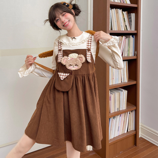 森女部落甜美萌趣立体小熊设计感背带连衣裙女新款 灯芯绒A字裙冬