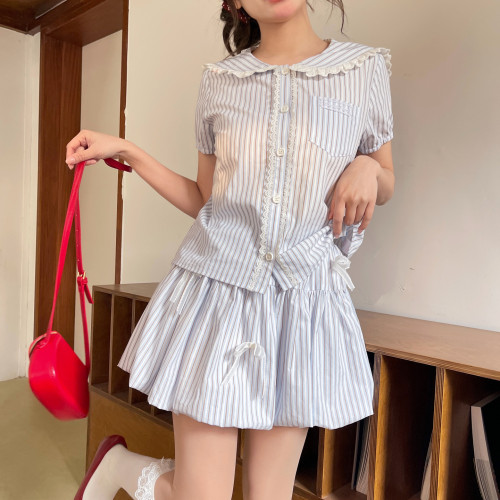 森女部落学院风条纹时尚套装女新款纯棉蕾丝娃娃领短袖衬衫新款夏