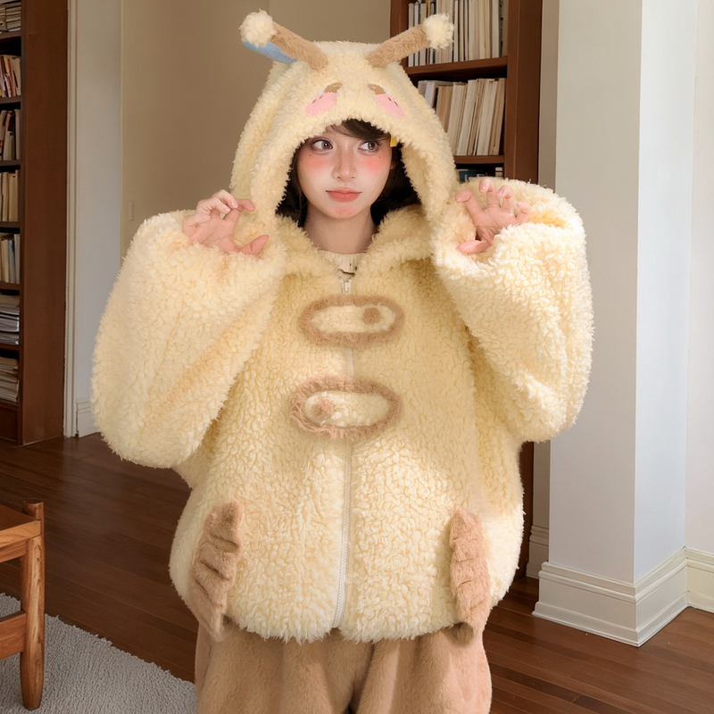 森女部落萌趣蜜蜂设计感连帽绒衫女2025新款撞色宽松保暖外套冬季