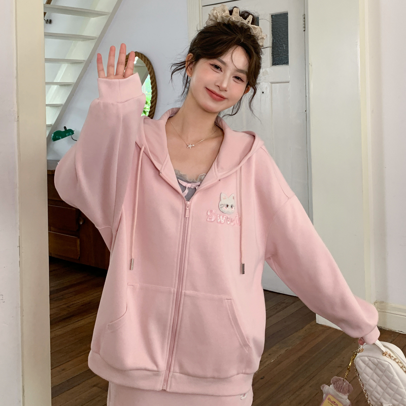 甜美风可爱猫咪刺绣连帽卫衣女秋