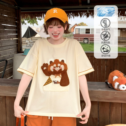 森女部落甜美萌趣小熊猫设计感纯棉短袖t恤女2026新款圆领上衣夏