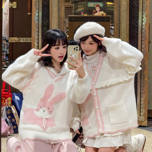森女部落原创甜美风可爱兔子针织马甲女2025新款 V领宽松毛衣 秋季