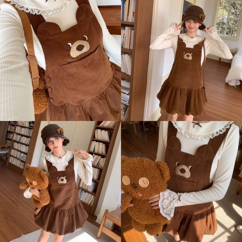 上新限时88折森女部落甜美纯棉连衣裙立体小熊设计感灯芯绒背心裙