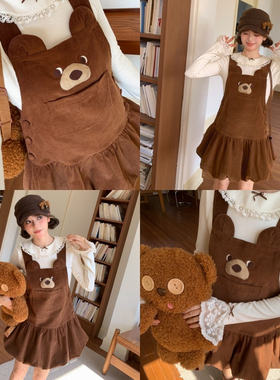 森女部落甜美纯棉连衣裙女2026新款冬立体小熊设计感灯芯绒背心裙