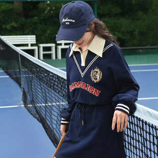 秋季 森女部落学院风纯棉polo领设计感刺绣长袖 连衣裙女2025新款